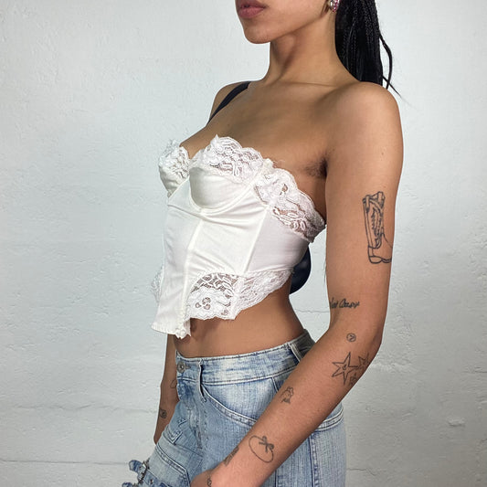 Vintage 2000’s Soft Girl Bridal White Cropped Corset Top with Lace Decorations (S)