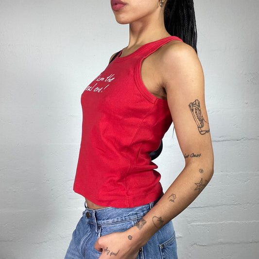 Vintage 2000's Skater Girl Red Tank Top with White I Am The Real One! Typo Print (L)