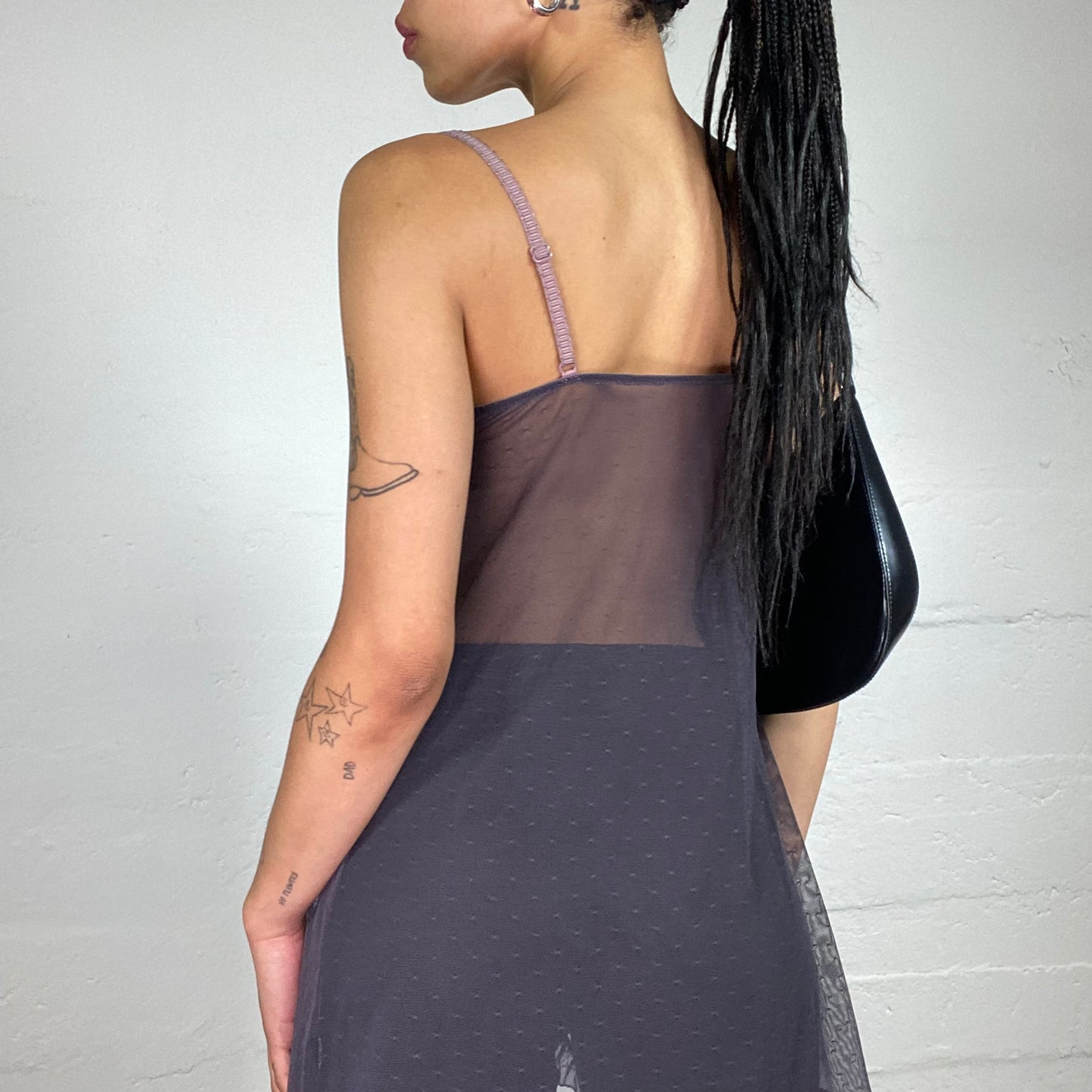 Vintage 2000's Soft Girl Dirty Purple Mesh See Through Lingerie Style Bolero Top with Silky Ribbons and Ruffled Trim (S)