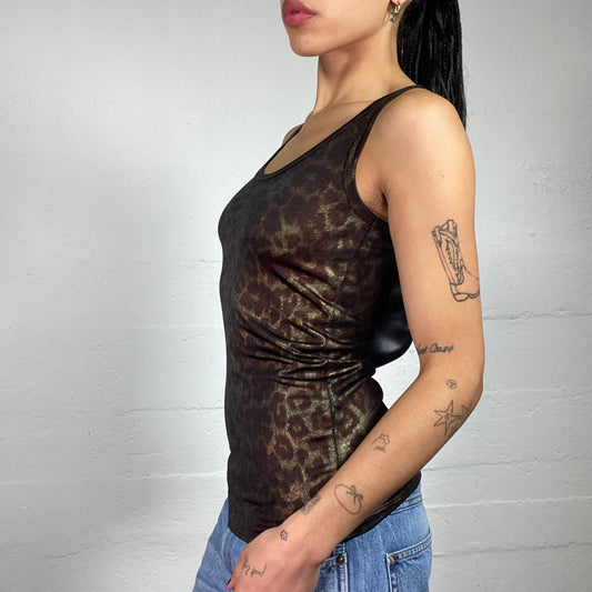 Vintage 2000's Clubwear Bronze Brown Leo Print Shimmery Tank Top (S)