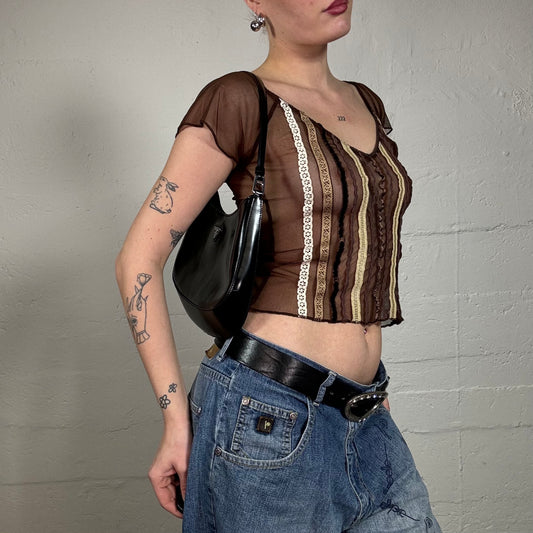 Vintage 2000's Indie Girl Brown Mesh Top with Multicolored Bands (XS)