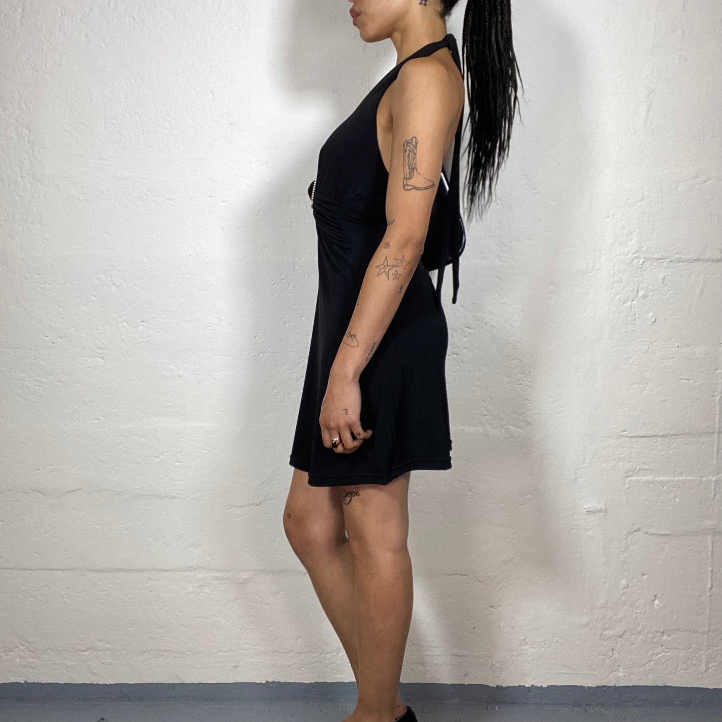 Vintage 2000's Night Out Classy Black Neckholder Mini Dress with Silver Shiny Ring Detail (S)