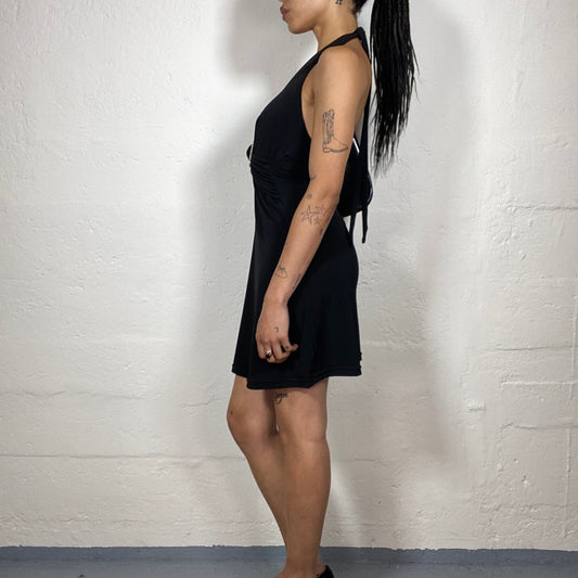 Vintage 2000's Night Out Classy Black Neckholder Mini Dress with Silver Shiny Ring Detail (S)