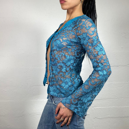 Vintage 2000's Romantic Blue Shimmer Lace and Satin Longsleeve Bolero Top (S)