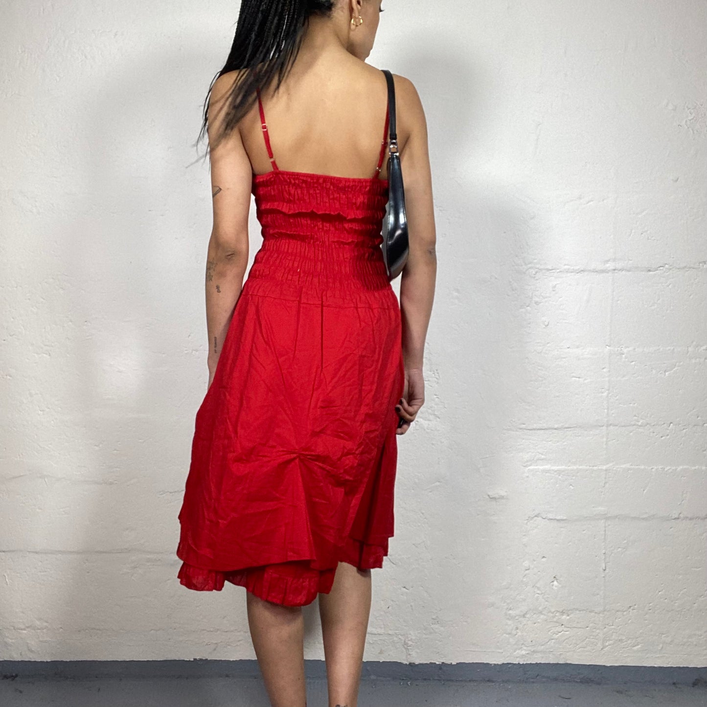 Vintage 2000's Vamp Girl Corset Style Top Red Cami Midi Dress with Layered Skirt (XXL)