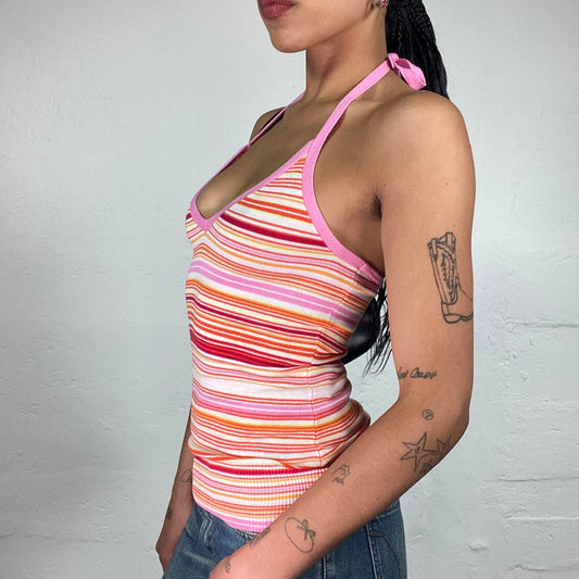 Vintage 2000's Summer Girl Pink Toned Jersey Striped Neckholder Top (XS)