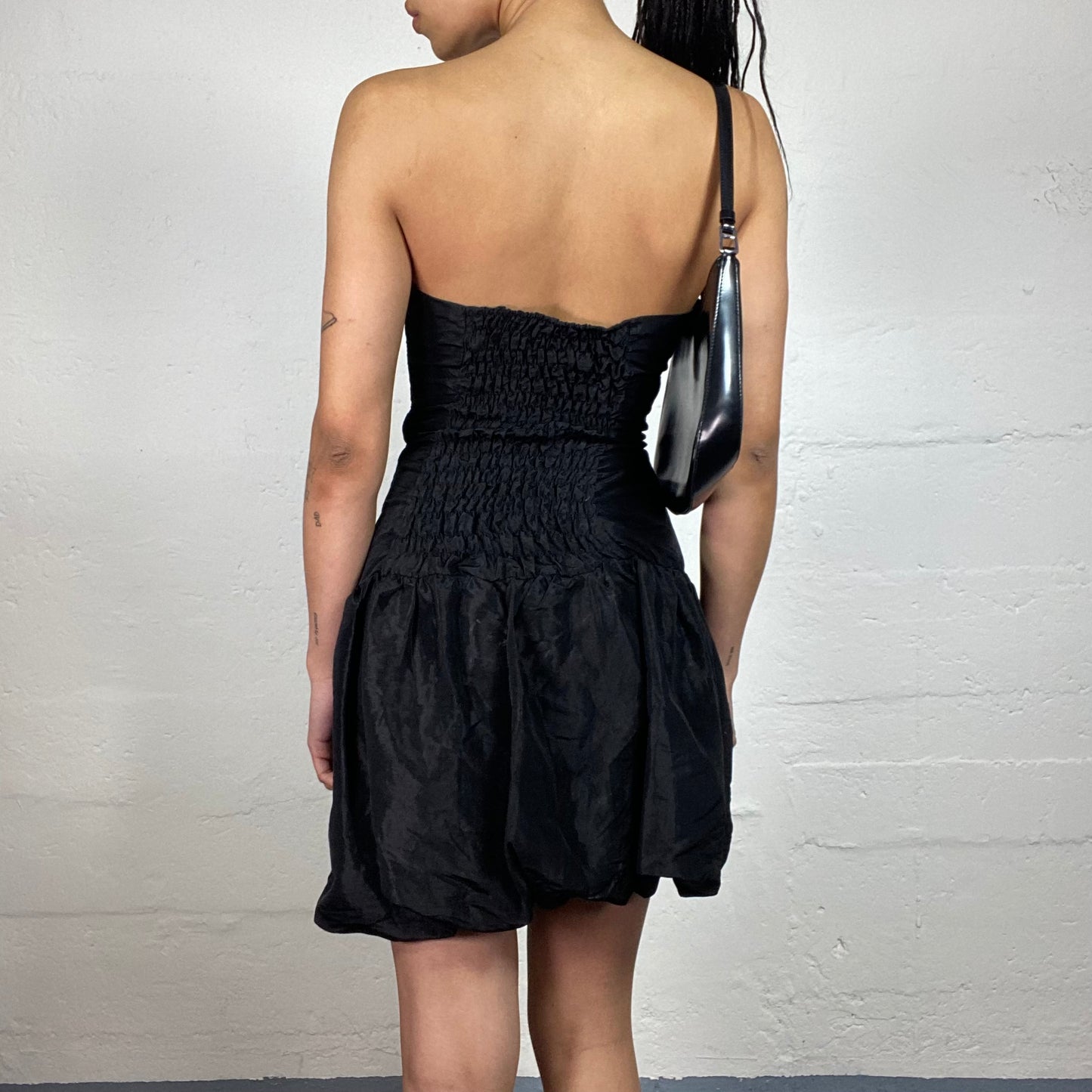 Vintage 2000's Grungy Princess Black Nylon Balloon Skirt Tube Fit Dress with Lace Ups (M)