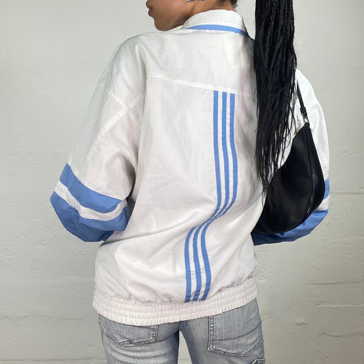 Vintage 90’s Archive Adidas White Zip Up Windbreaker with Baby Blue Print Details (S)