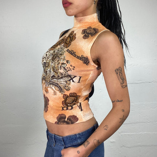 Vintage 2000's Romantic Brown and Orange Printed Turtleneck Sleeveless Top with Rhinestone Decor (M)