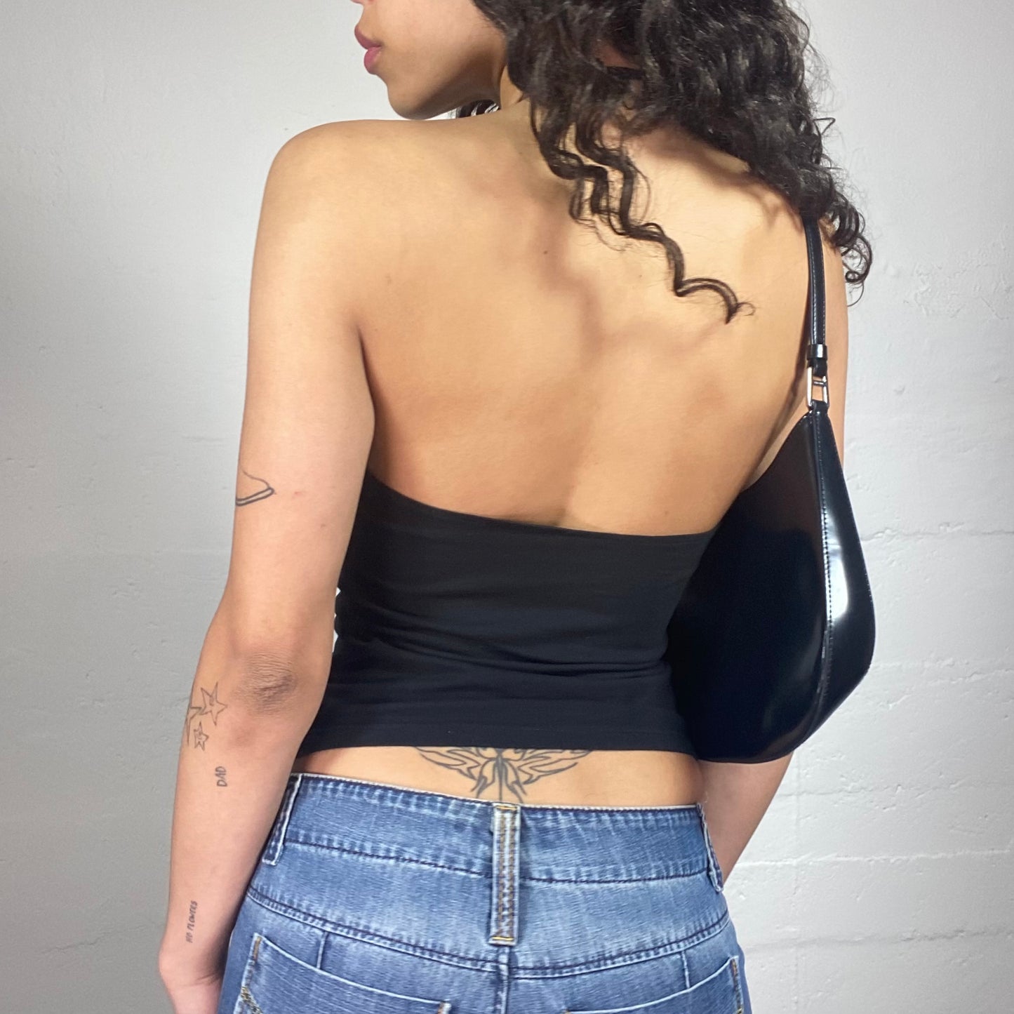 Vintage 2000's Sisley Downtown Girl Black Cropped Neckholder Top with White Paint Print (S)