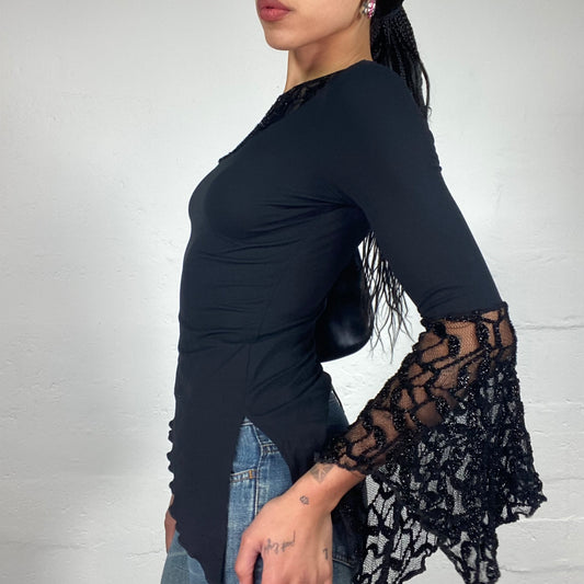 Vintage 2000's Chic Boho Black Asymmetric Mott Top with Sequin Decorated Flare Sleeves (S)