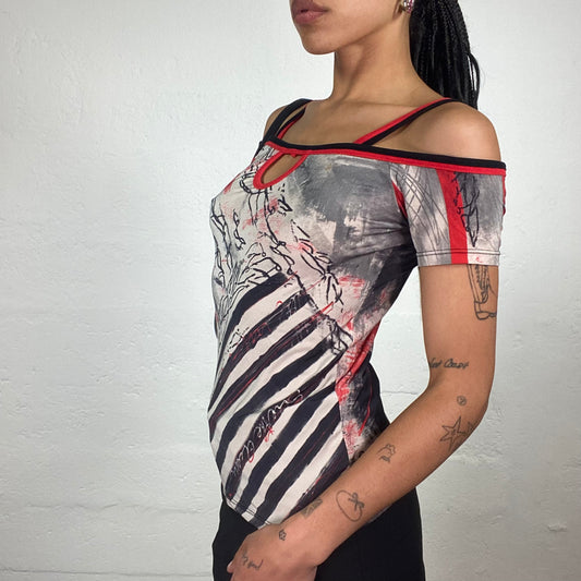 Vintage 2000’s Save the Queen Downtown Girl Beige Multiprinted Off Shoulder Cami Top with Red Accents (L)