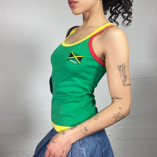 Vintage 2000's Brazil Green Yellow Red Tank Top with Crossing Back and Flag Embroidery (S)