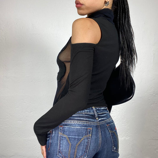 Vintage 2000's Popstar Black Longsleeve Open Shoulders Turtleneck Mesh Front Top with Sequin Decorated Flower Embroidery (S)