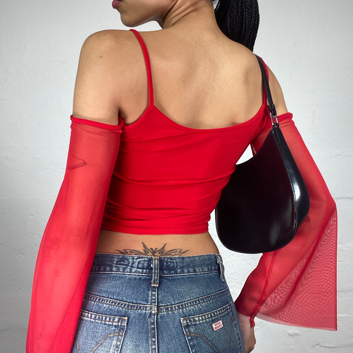 Vintage 2000's Romantic Red Rubber Draping Cami Top with Chiffon Flare Sleeves (S)