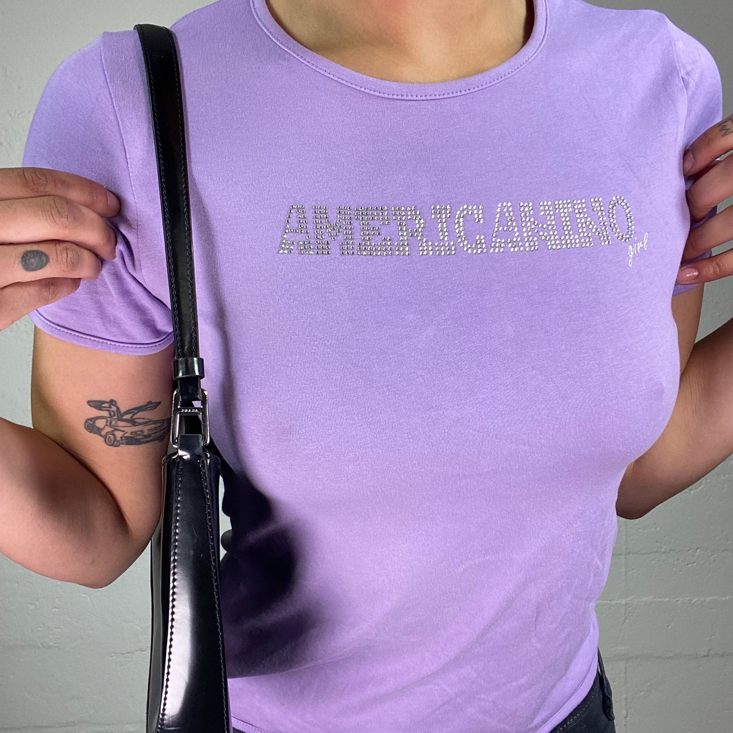 Vintage 2000's Glam Americanino Girl Rhinestone Embroidery Purple Baby Tee (M)