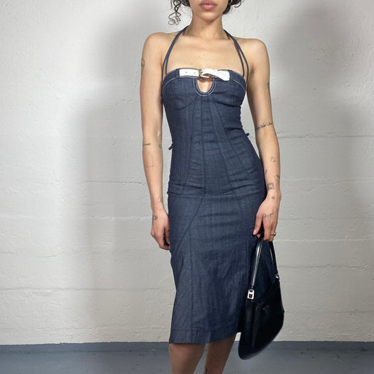 Vintage 2000's Miss Sixty Coffee Date Classy Denim Midi Dress with White Belt Detail (S)