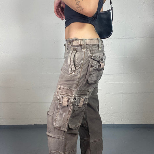 Vintage 2000's Biker Style Beige Low Waisted Cargo Pants with Multiple Pockets (M)