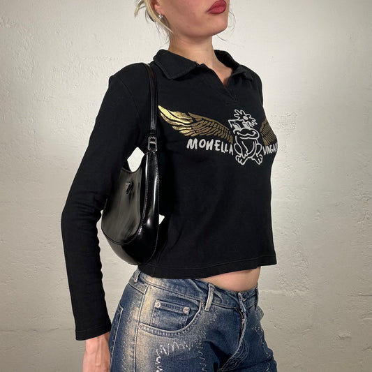 Vintage 2000's Downtown Girl Black Longsleeve Cropped Top Collared Top with White and Gold Wings Print (S)