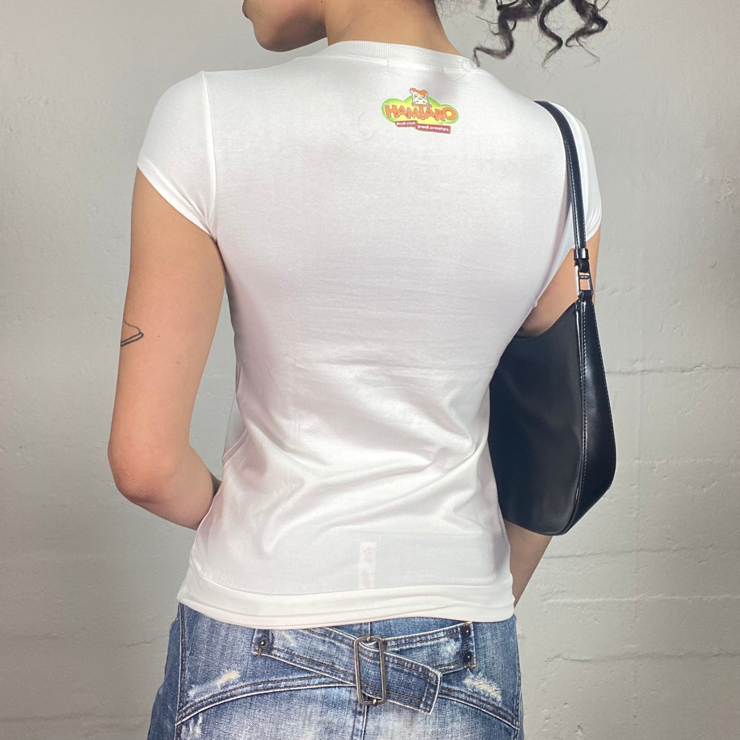 Vintage 2000's Cute White Micro Sleeves Tee with Cartoon Print (S)
