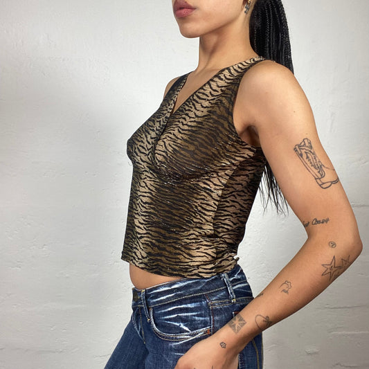 Vintage 2000's Glamorous Brown Toned Animal Print Sheer Shiny Wrapped Bra Top (L)