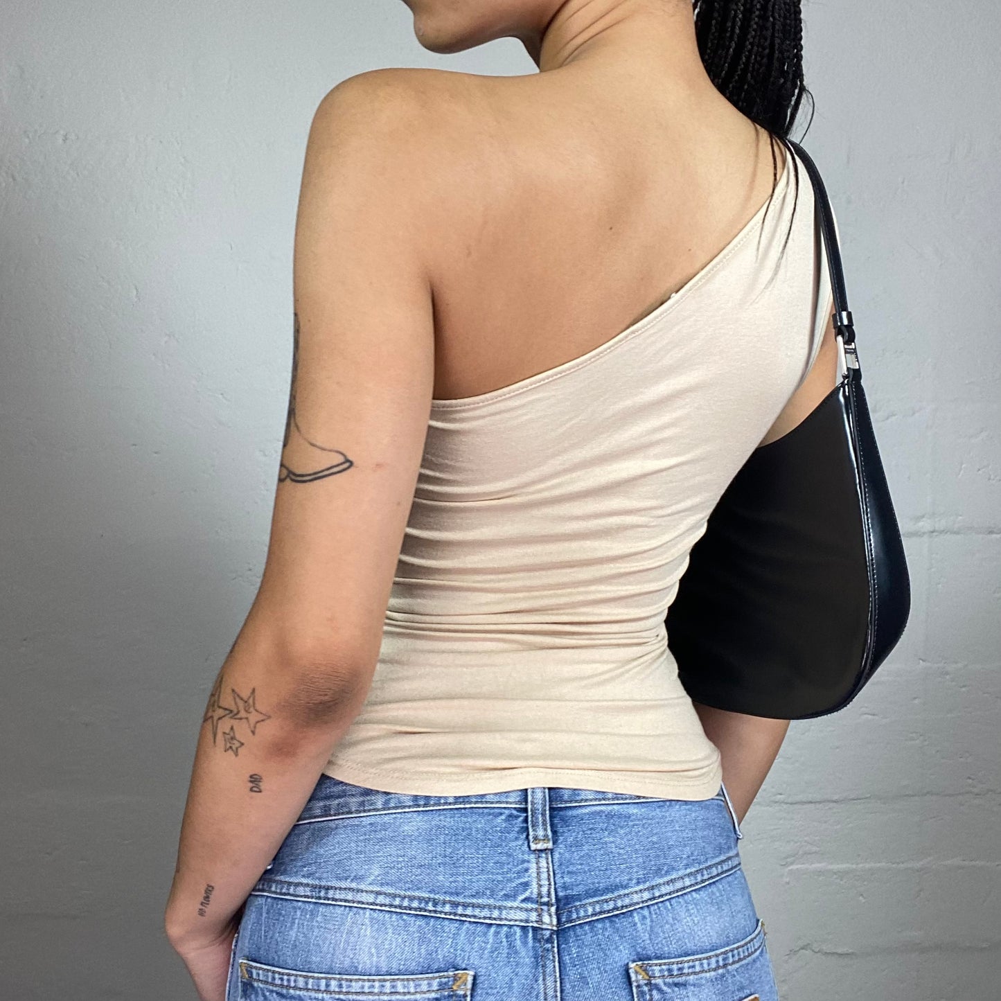 Vintage 2000's Casual Beige Asymmetric One Shoulder Top with Belt Details (S)