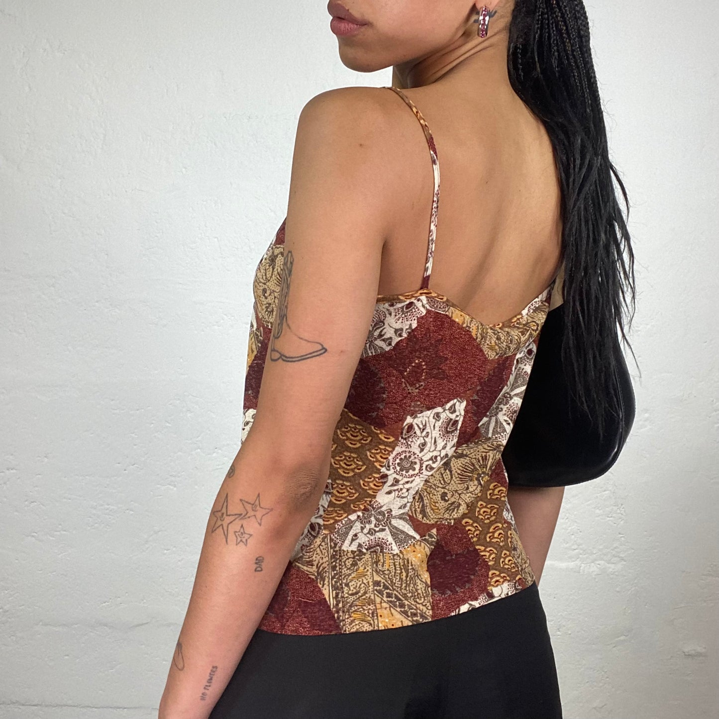 Vintage 2000’s Boho Girl Earth Tones Patched Abstract Print Cami Top (M)