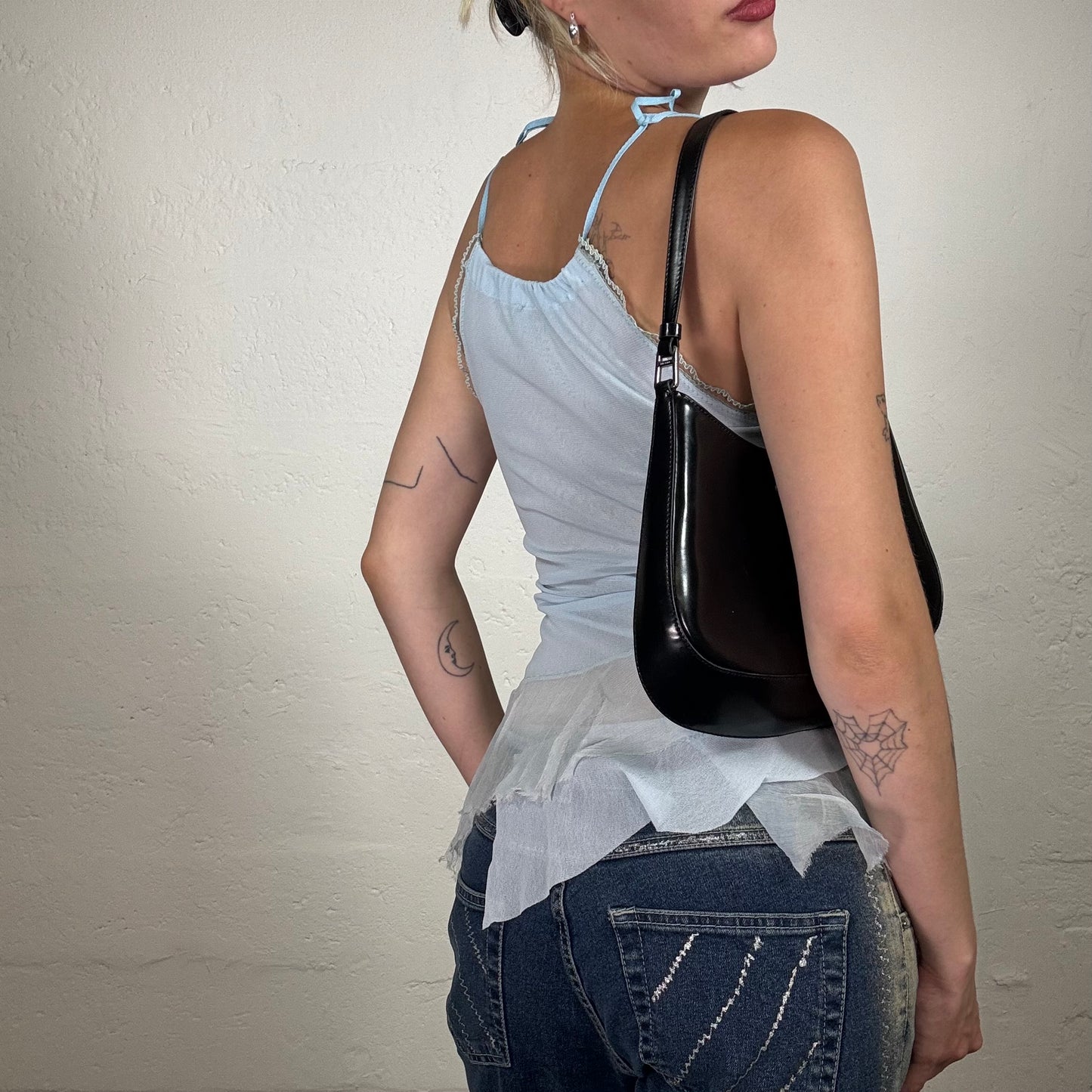 Vintage 2000's Ballerina Baby Blue Top with Green Sequins, Denim Heart Print and Chiffon Trim (S)