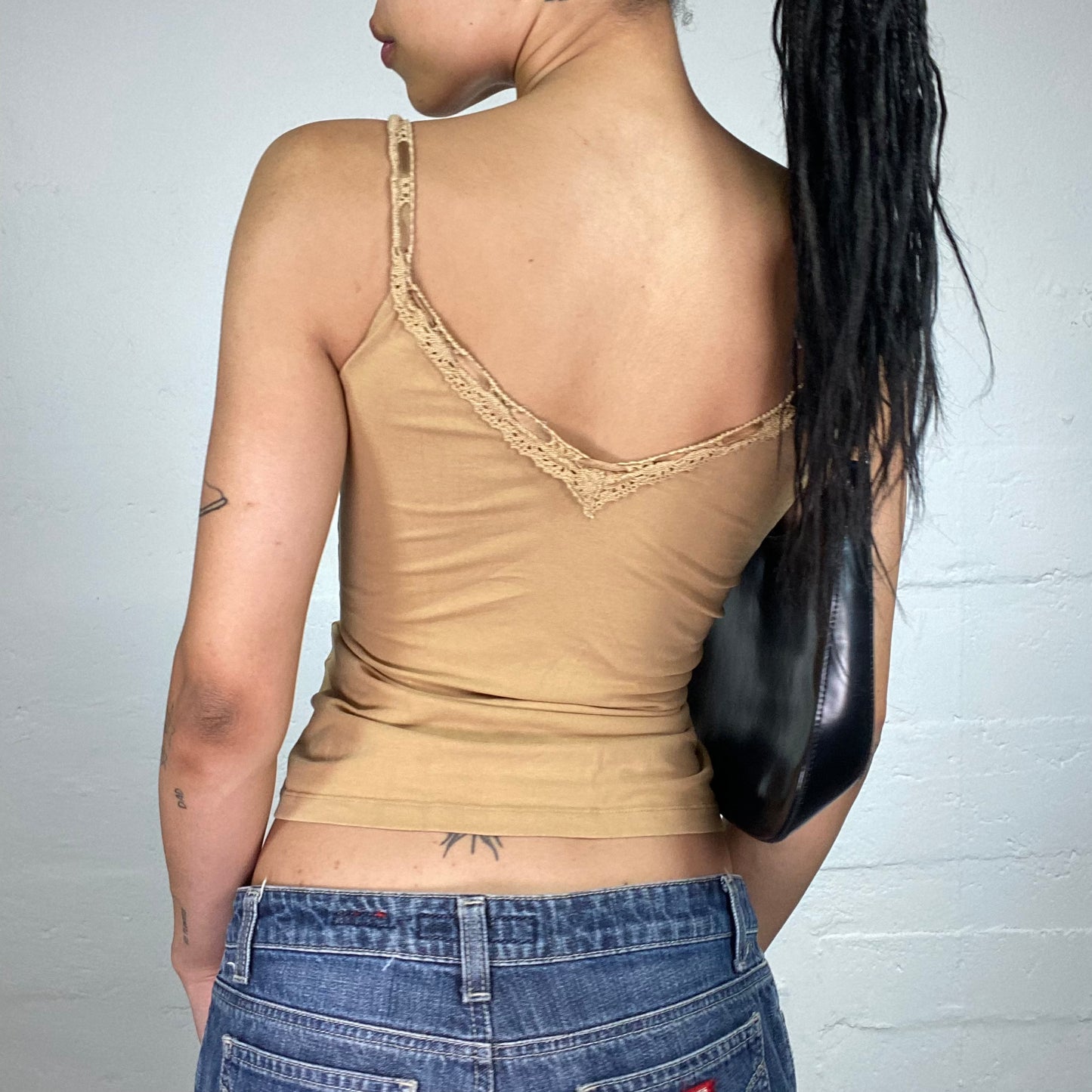 Vintage 2000's Downtown Girl Sand Colour Laced Up Cami Top with Lace Decoration (L)