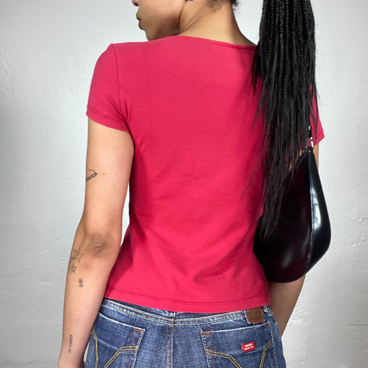 Vintage 2000's Moschino Jeans Cherry Colour Shortsleeved Baby Tee with Blue Logo Embroidery (S)
