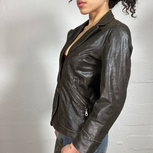 Vintage 2000's Cowgirl Brown Glossy Leather Button Up Blazer (S)