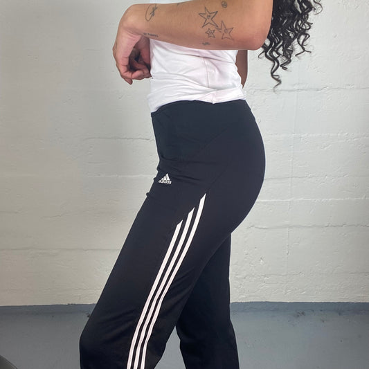 Vintage 2000's Archive Adidas Sporty Black Flare Pants with White Side Striped and Logo Print (S)