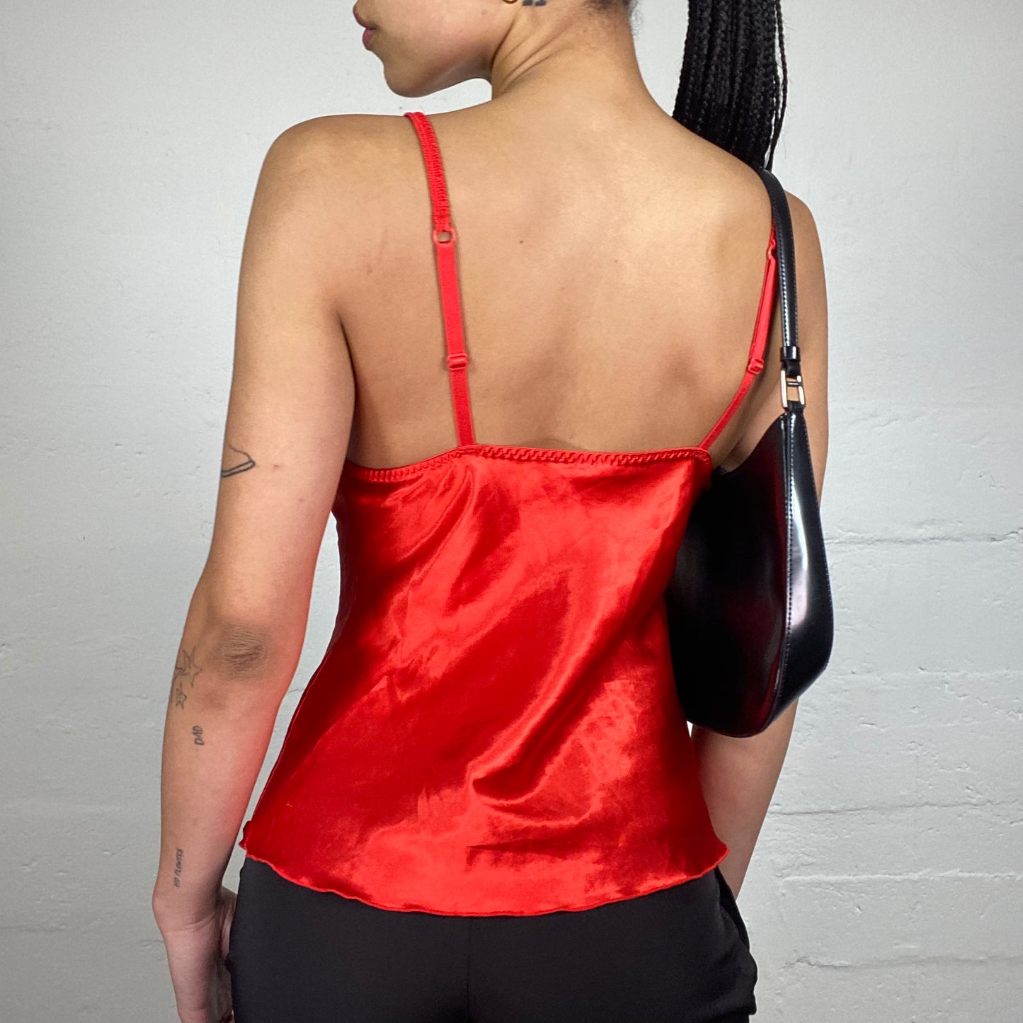 Vintage 2000's Romantic Red Satin Lingerie Style Cami Top with Mesh Bea Details (S)