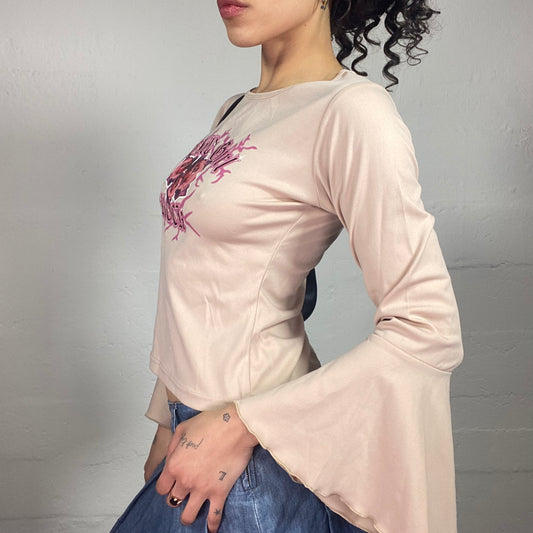 Vintage 2000's Funky Beige Pink Grungy Wild Girl Top with Flared Sleeves (L)