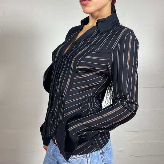Vintage 2000's Office Girl Black Button Up Classy Shirt with Shiny Stripes (M)