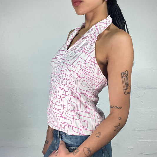 Vintage 2000's Downtown Girl White Collared Zip Up Neckholder Top with Pink Geometric Print (S)