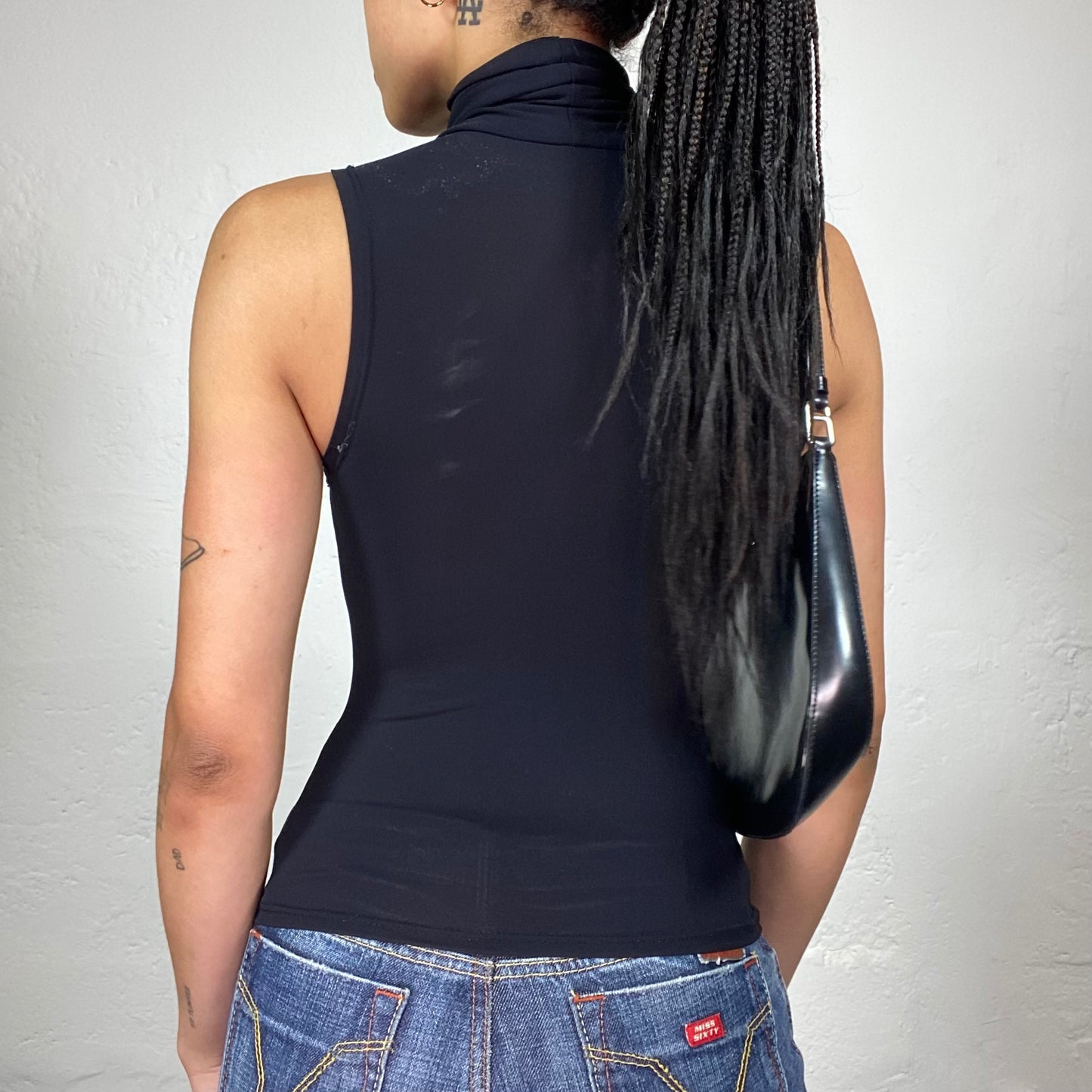 Vintage 2000’s Glamorous Black Sleeveless Turtleneck Top with Rhinestone Embroidered Typo Print (S)