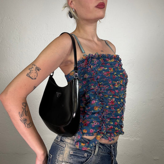 Vintage 2000's Summer Girl Blue Mesh Ruffled Cami Top with Orange and Red Mini Floral Print (S)