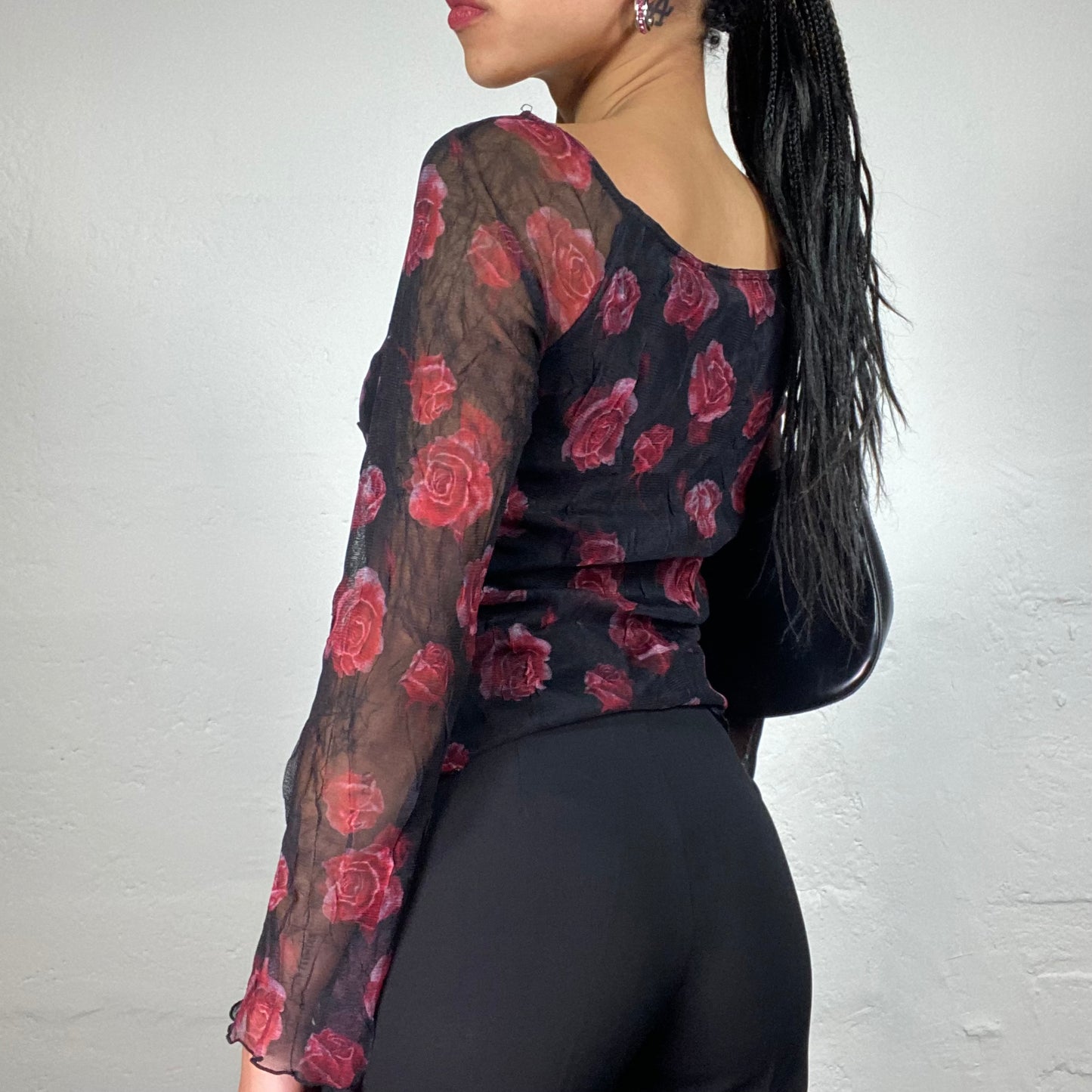 Vintage 2000's Romantic Black Chiffon Longsleeve Top with Red Roses Print (S)