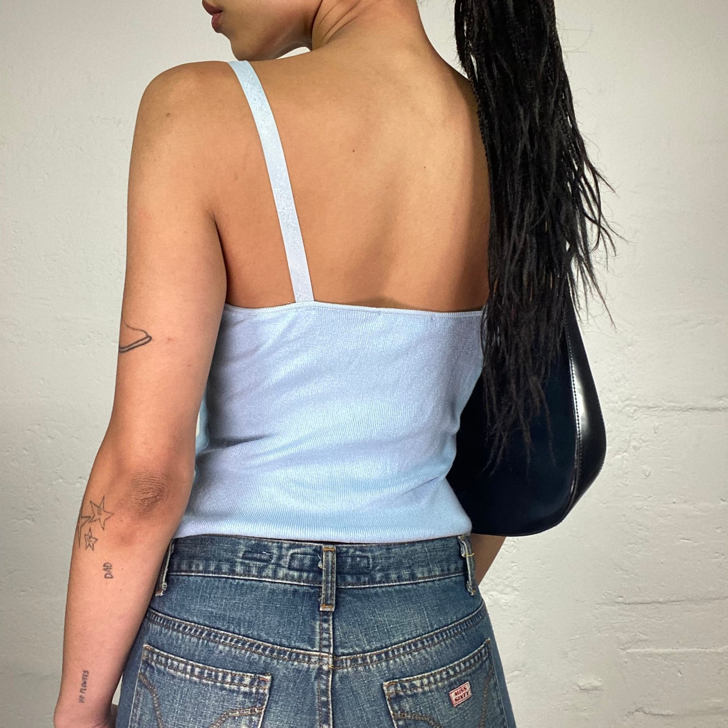 Vintage 2000's Soft Girl Baby Blue Jersey Cami Top with Floral Printed Stripes Details (S)