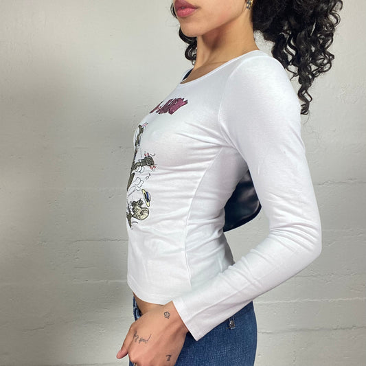 Vintage 2000's Tom and Jerry Casual White Longsleeve Top with Cartoon Print (S)