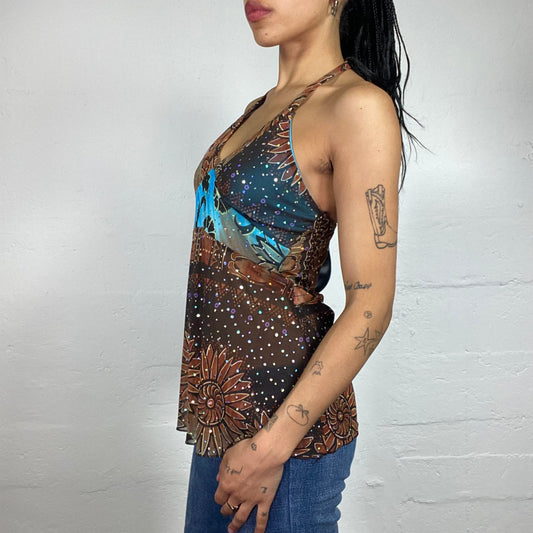 Vintage 2000's Glamorous Boho Brown Sunflower Print Blue Accents Neckholder Top with Rhinestone Decorations (S)
