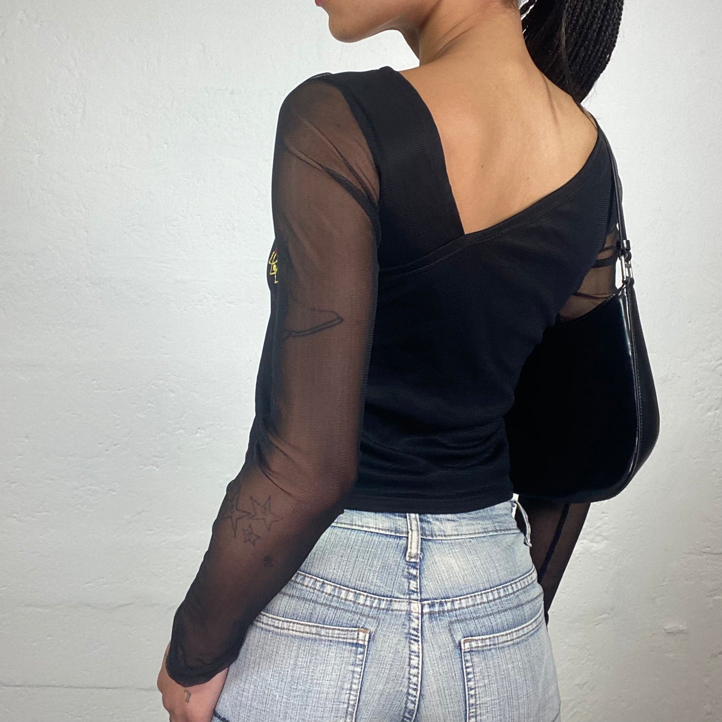 Vintage 2000’s Dark Boho Girl Black Mesh Long Sleeves Asymmetric Too with Floral Embroidery (S)