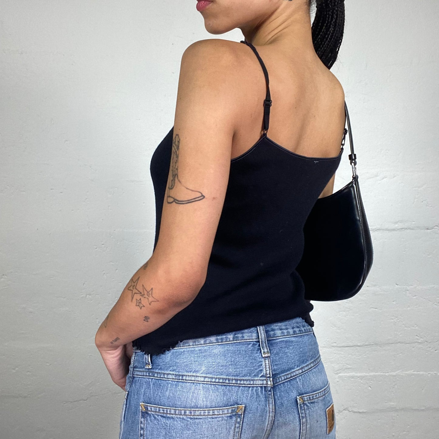 Vintage 2000's Downtown Girl Navy Blue Jersey Cami Top with Lace Detail (S)