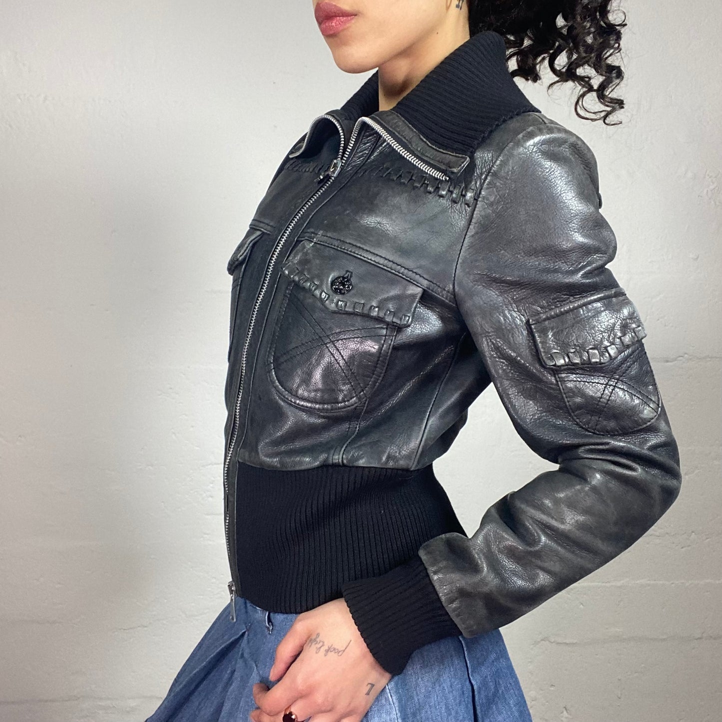 Vintage 2000's Guess Grunge Black Leather Bomber Jacket with Rubber Cut Ins (S)