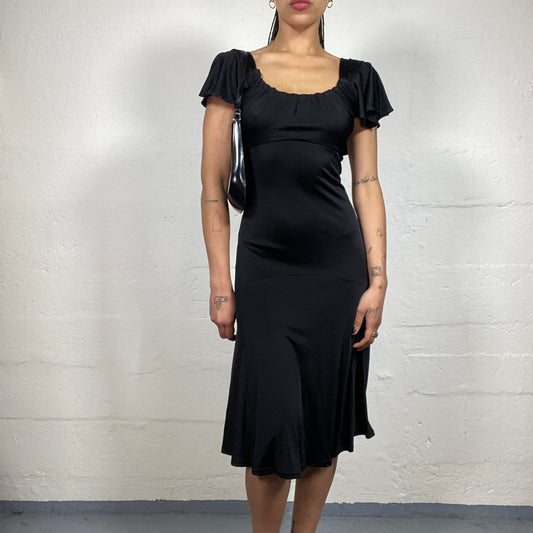 Vintage 2000's Michael Kors Classy Black Midi Dress with Draped Short Sleeves (S)