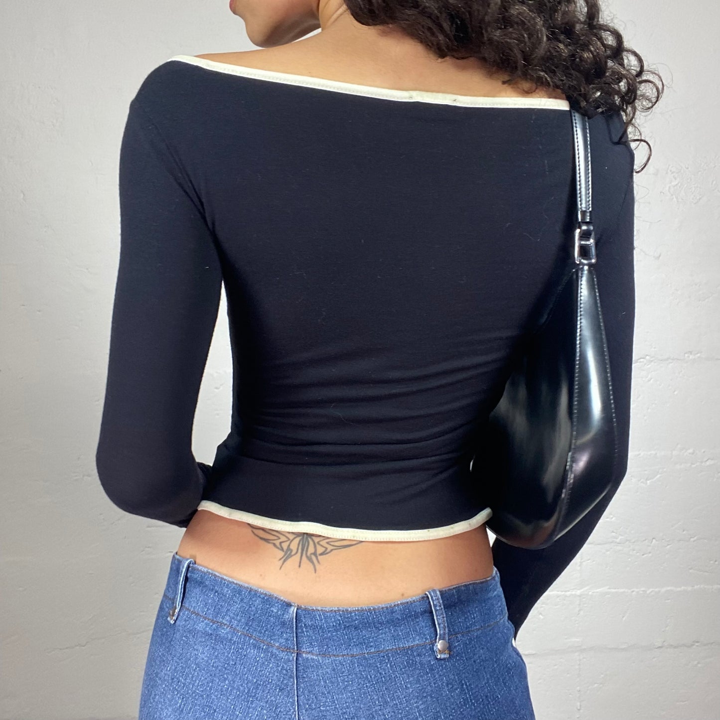 Vintage 2000's Coquette Black Off Shoulder Longsleeve Top with White Overlock and Middle Ribbon Detail (S)