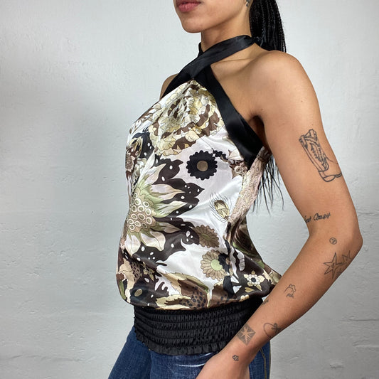 Vintage 2000's Romantic Brown Toned Silky Floral Print Neckholder Top with Black Trim (M/L)