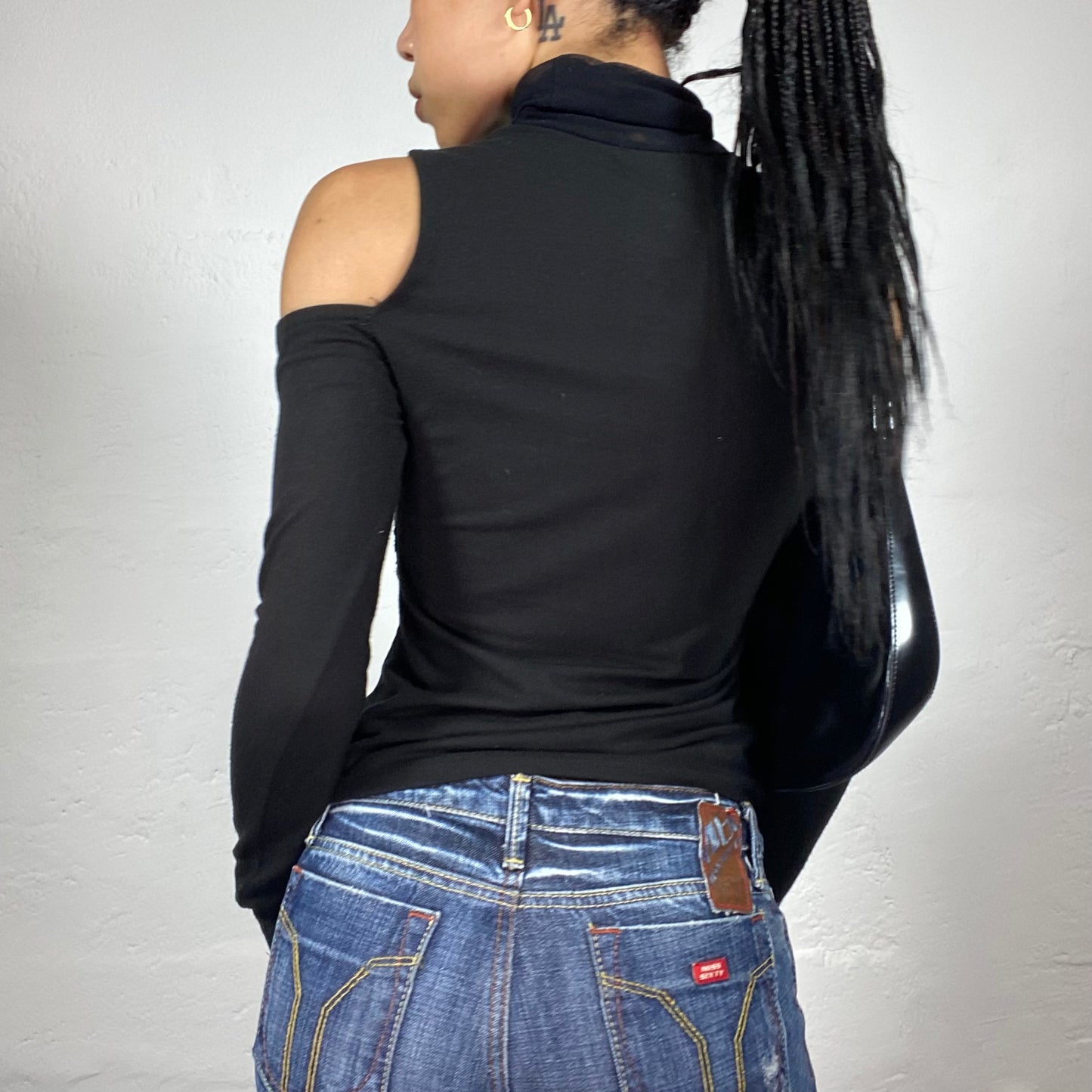 Vintage 2000's Popstar Black Longsleeve Open Shoulders Turtleneck Mesh Front Top with Sequin Decorated Flower Embroidery (S)
