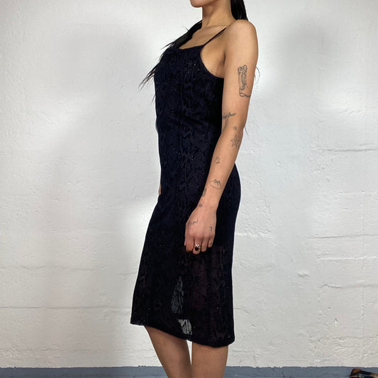 Vintage 2000's Night Out Black Camisole Midi Dress with Snake Skin Shiny Print (M)